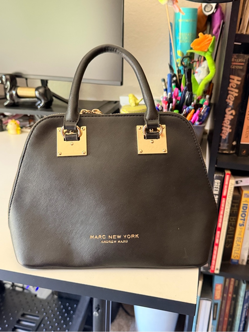 Marc New York Black Structured Satchel with Gold Hardware